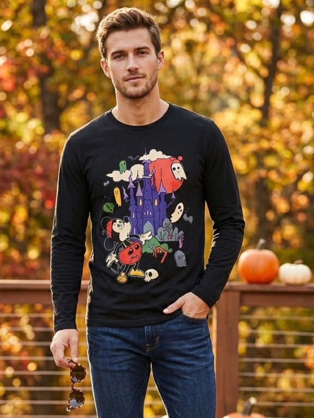 Disney Mickey Halloween Haunted Castle Long Sleeve Tee NWT